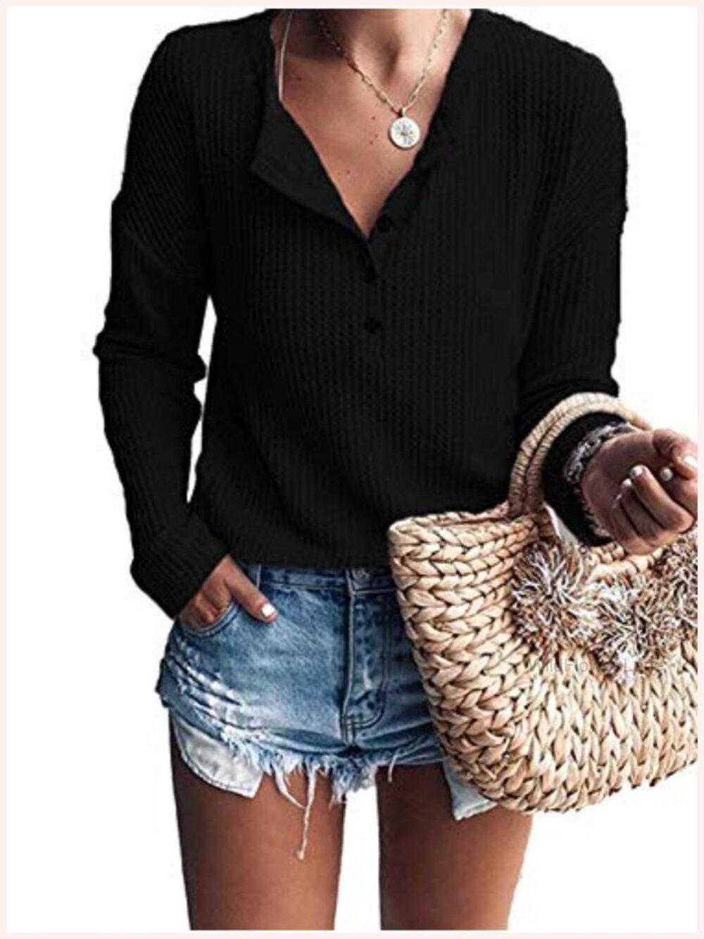 Waffle Knit Tunic Long Sleeve Henley Tee Blouse for Women